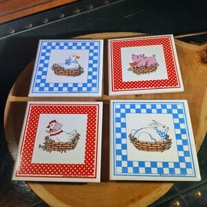 Vintage Cathay Tile 4.5" Country Farm Animal Checker Decor Pig Goose Rabbit Hen